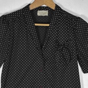 VTG Chiffon Black Polka Dot Short Sleeve Blouse Womens S Bow Pocket Rose Buttons